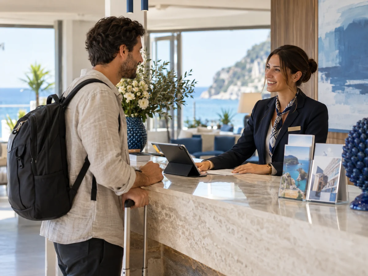 Reception di una struttura turistica con un tablet e materiali informativi in più lingue