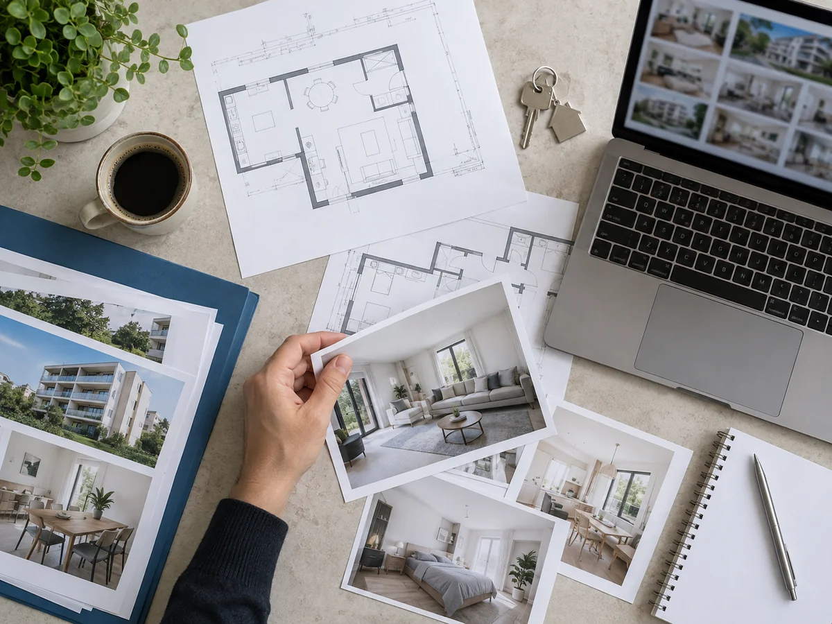 Vista dall’alto di una scrivania con planimetrie, chiavi e computer per organizzare gli annunci immobiliari