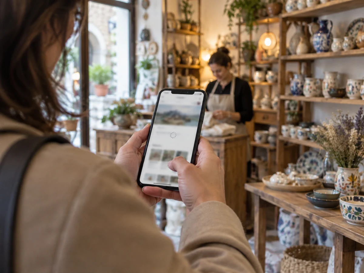 Cliente consulta un sito sullo smartphone in un negozio di ceramiche, con l’addetta sullo sfondo.