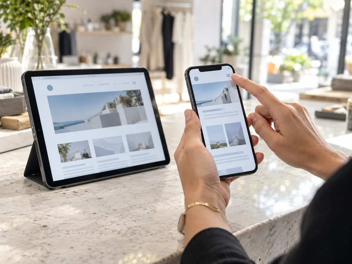 Smartphone e tablet su un banco di lavoro durante una verifica della visualizzazione di un sito