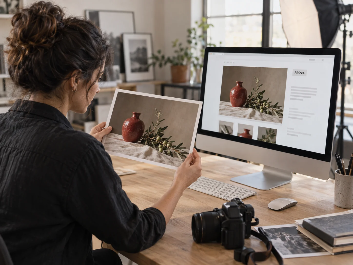 Fotografa che confronta una stampa di un vaso con la stessa fotografia su una pagina web di prova