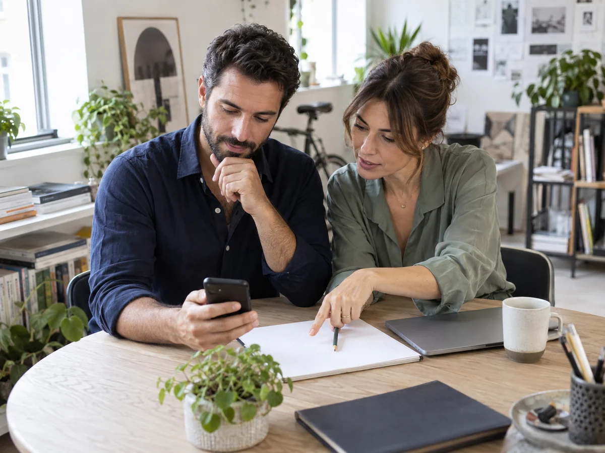 Imprenditore e consulente esaminano un sito da smartphone e annotano i passaggi per richiedere un preventivo