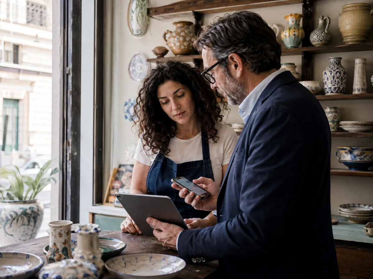Titolare di un negozio di ceramiche e consulente confrontano tablet e smartphone.