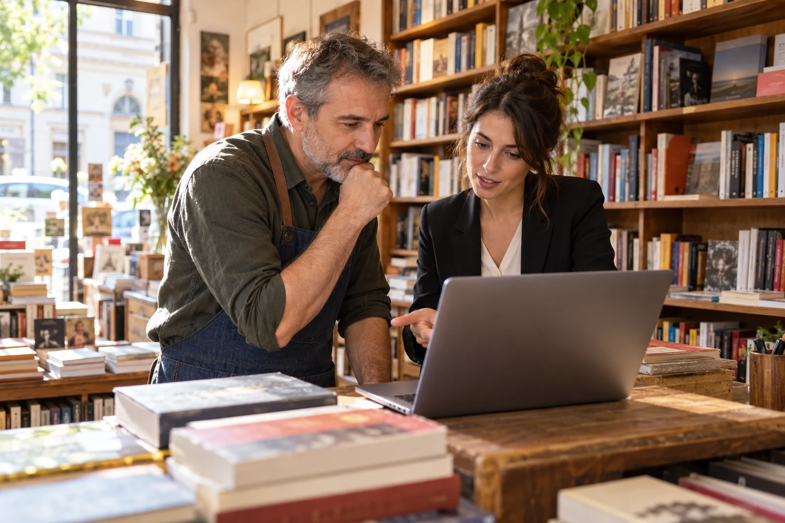 Il titolare di una libreria e una consulente esaminano una ricerca su un computer portatile tra scaffali e libri.