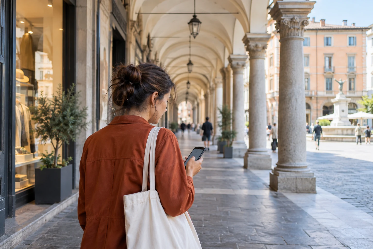 Cliente consulta lo smartphone sotto il portico di una strada commerciale