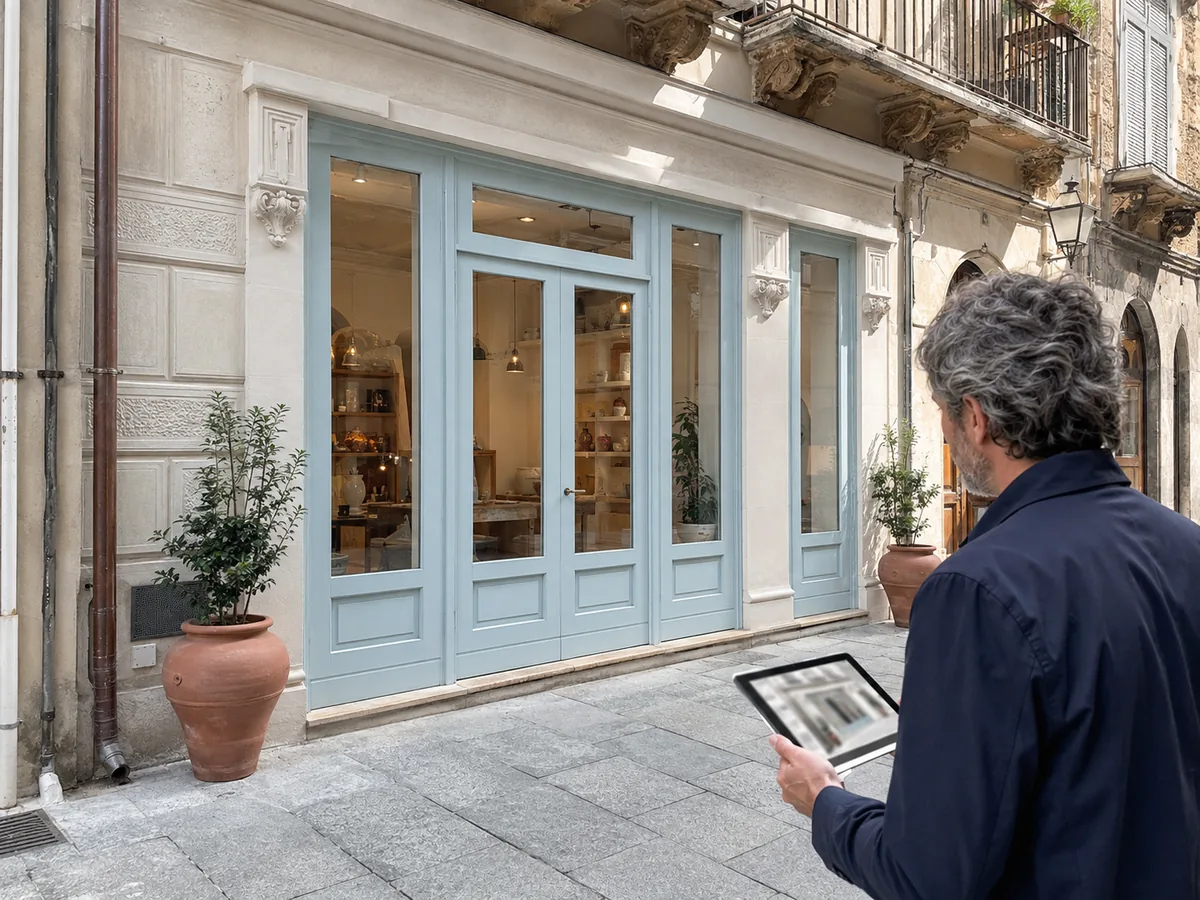 Uomo con un tablet confronta una fotografia con la facciata rinnovata di un negozio.