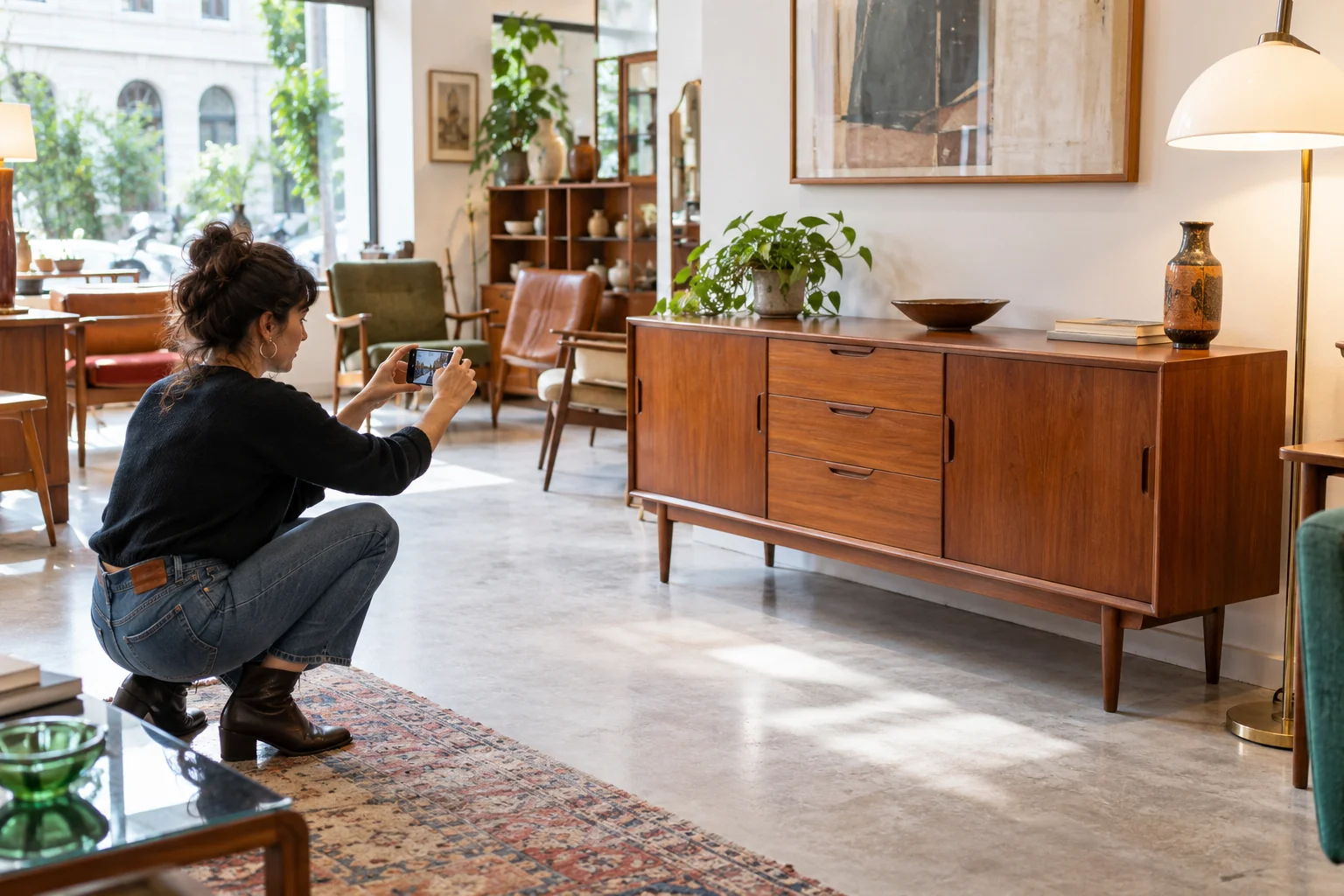 Rivenditrice fotografa una credenza restaurata nel proprio negozio di arredamento vintage
