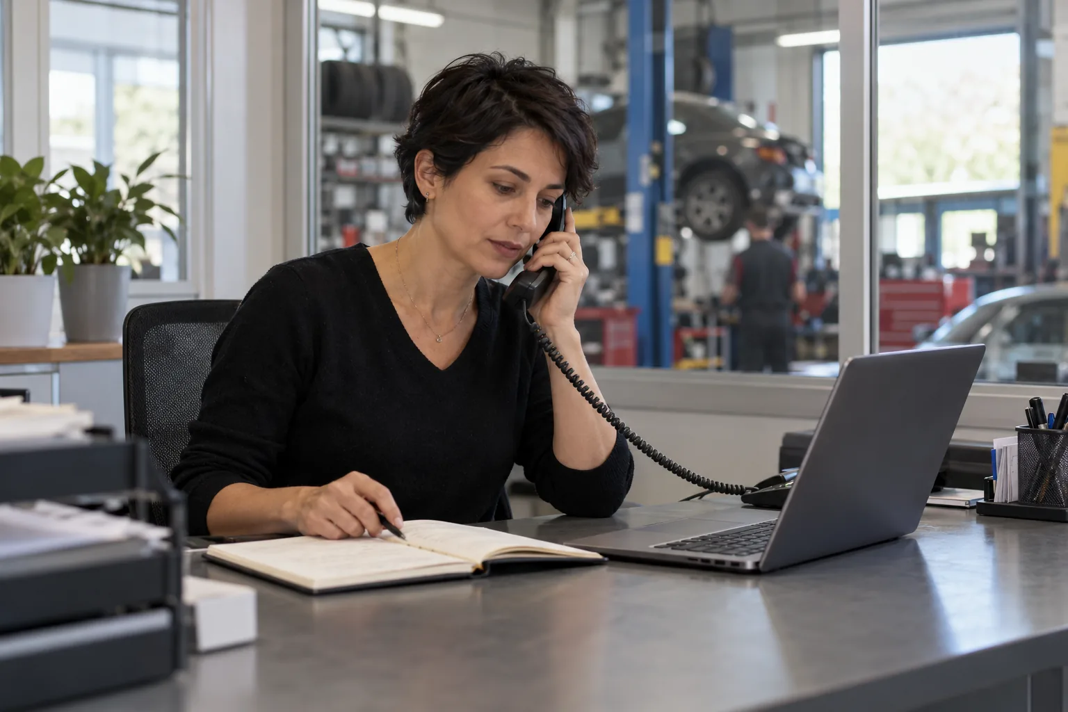 Addetta alla reception di un’officina controlla una telefonata sul cellulare e annota informazioni accanto a un computer.