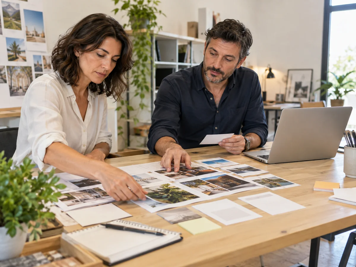 Imprenditrice e progettista organizzano materiali e pagine per la realizzazione di un sito aziendale.