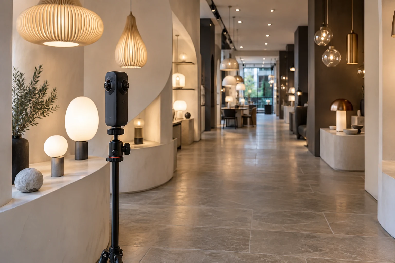 Fotocamera a 360 gradi su un treppiede al centro di uno showroom ordinato