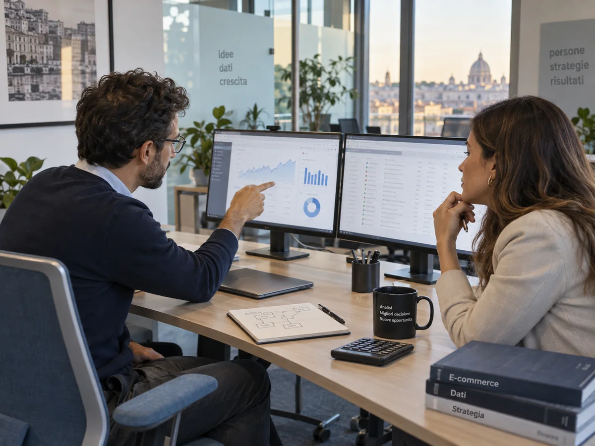 Consulente e titolare analizzano i dati del negozio online su due monitor in ufficio