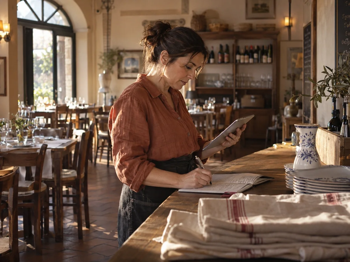 Ristoratrice al banco di un piccolo locale mentre consulta un tablet e prende appunti sui commenti degli ospiti.