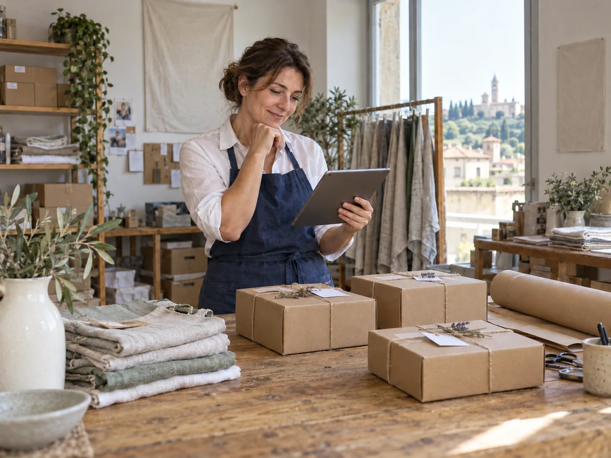 Responsabile di un negozio online consulta un tablet accanto ai pacchi nell’area di preparazione degli ordini