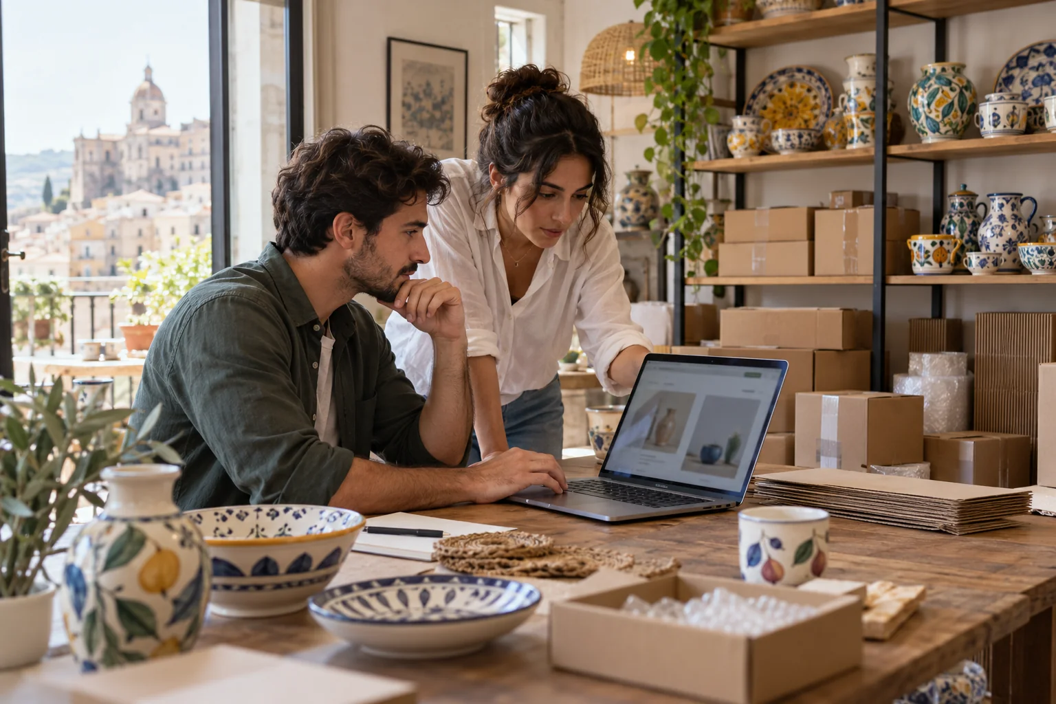 Due responsabili di un ecommerce di ceramiche confrontano pagine del sito su un portatile vicino ai pacchi