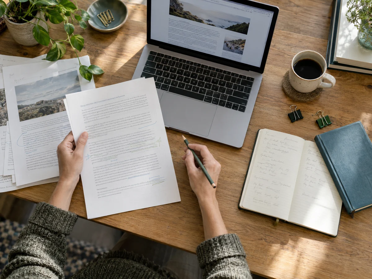 Vista dall’alto di una scrivania con laptop, pagine stampate e appunti per la revisione dei contenuti di un sito