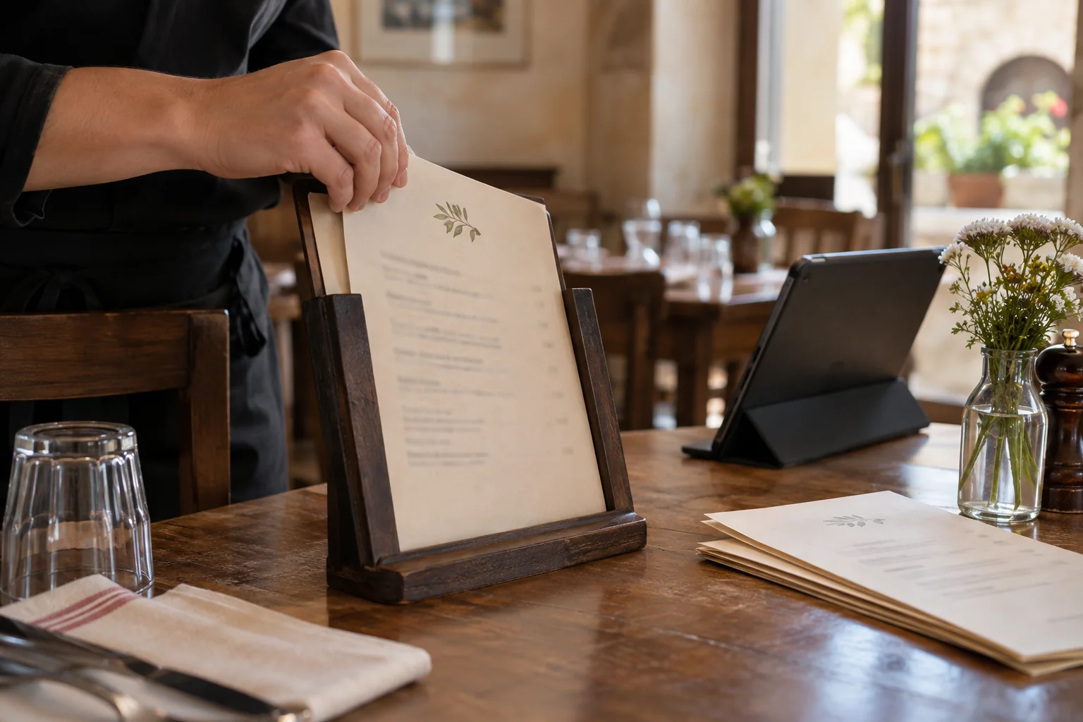 Una mano sostituisce il foglio di un portamenu sul tavolo di una trattoria, accanto a un tablet.