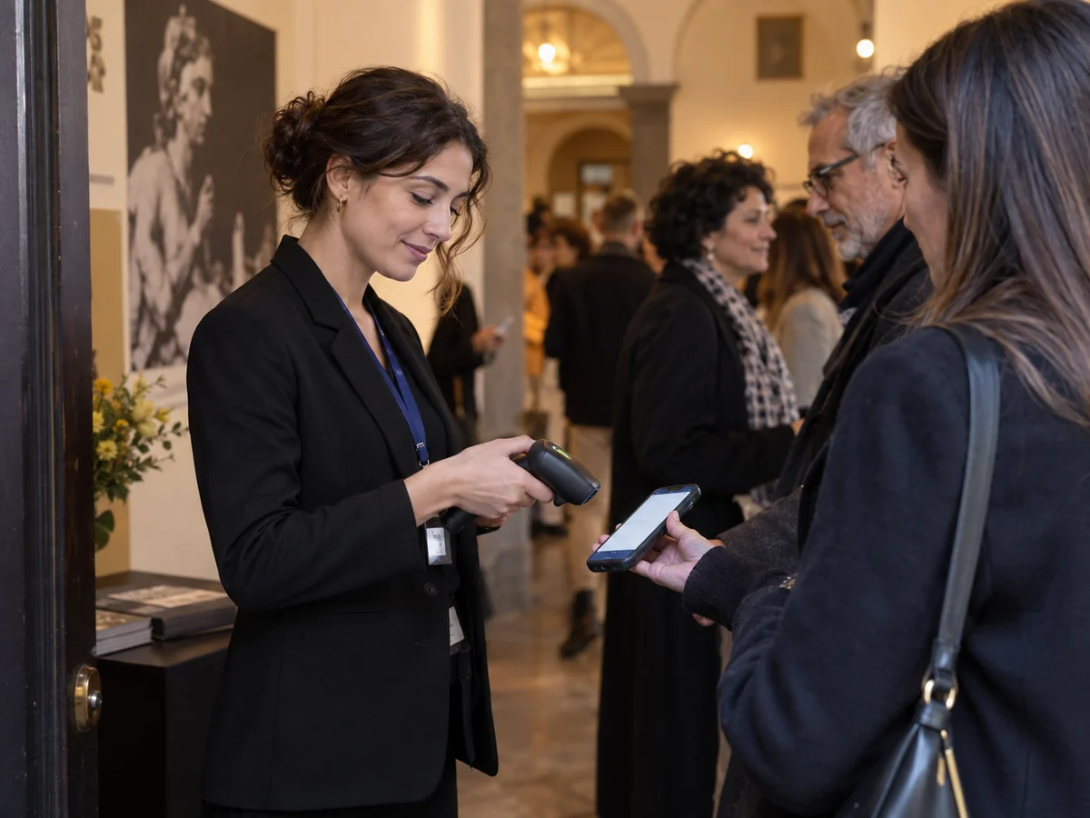 Addetto all’ingresso di un evento che convalida il biglietto digitale mostrato sul telefono da un partecipante