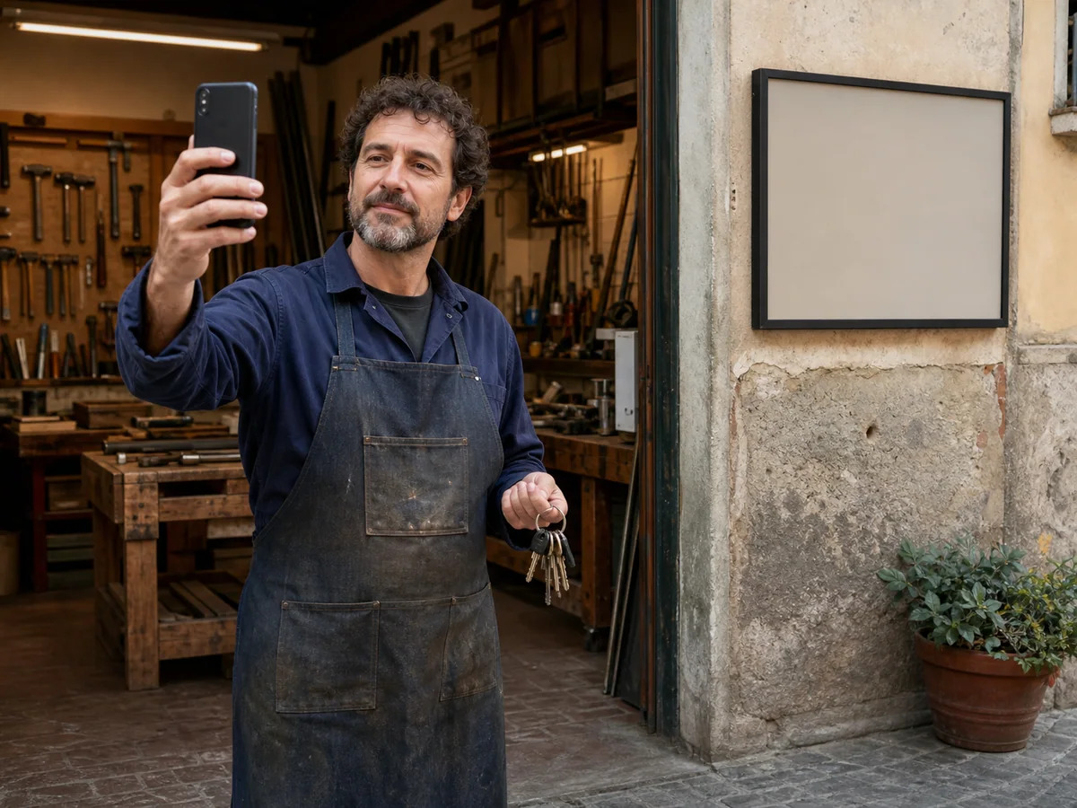 Artigiano registra con lo smartphone l’ingresso e gli strumenti di lavoro