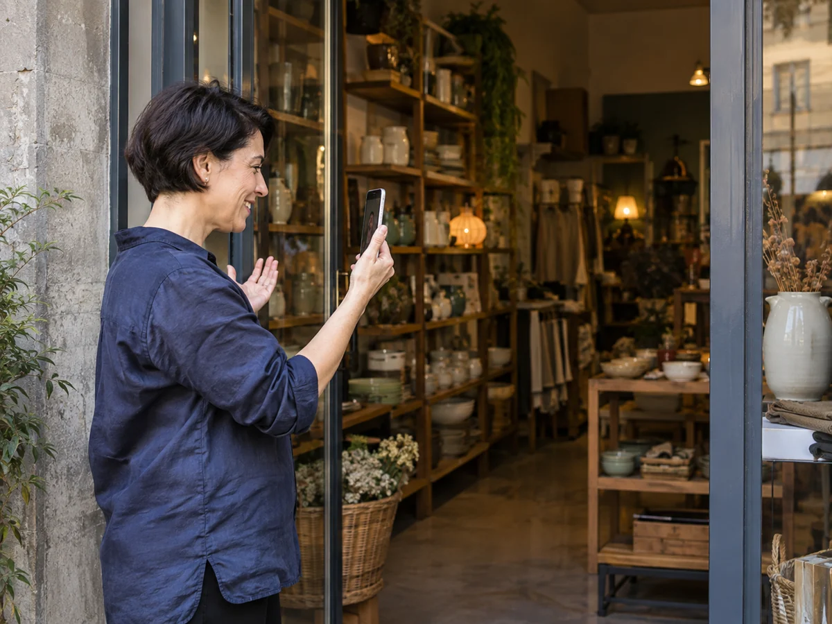 Titolare all’ingresso di un negozio che mostra i locali con lo smartphone durante una videochiamata