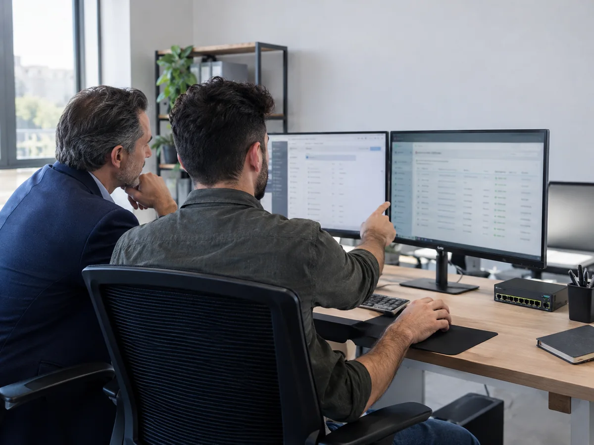 Tecnico controlla le impostazioni del dominio su una postazione con due monitor