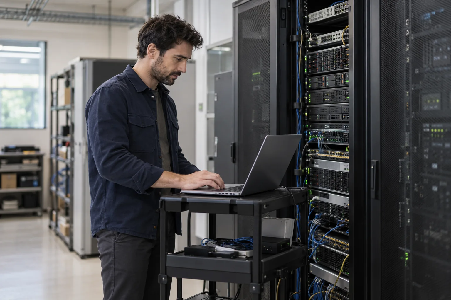 Un tecnico controlla un portatile accanto a un armadio server per esaminare gli accessi alla rete.