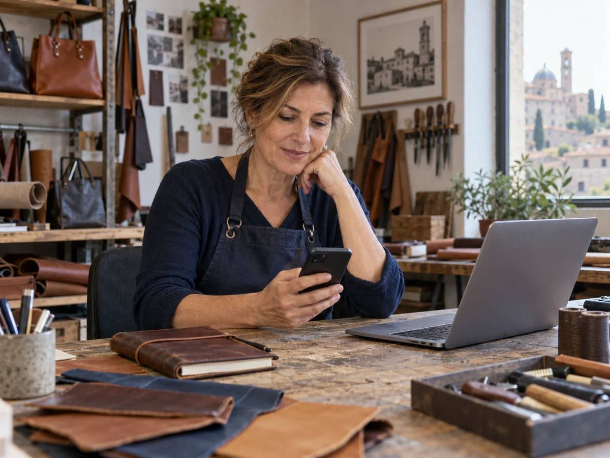Un’artigiana controlla lo smartphone accanto al portatile nel suo laboratorio di pelletteria