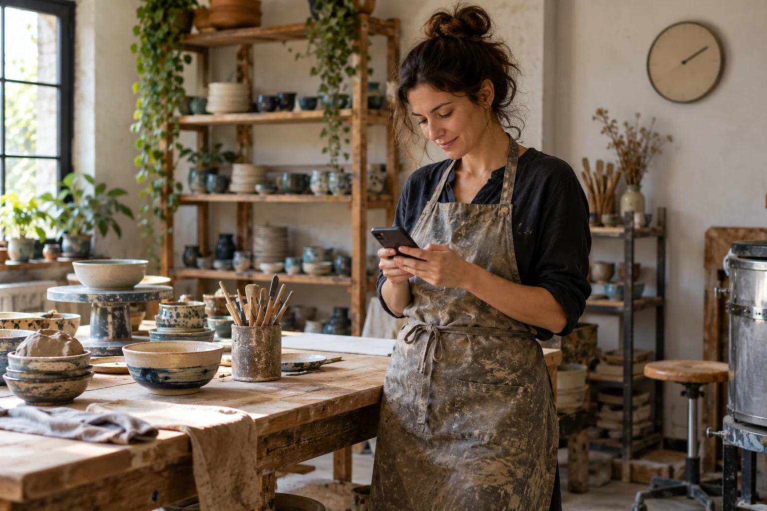 Ceramista nel laboratorio che controlla lo smartphone al termine della giornata di lavoro