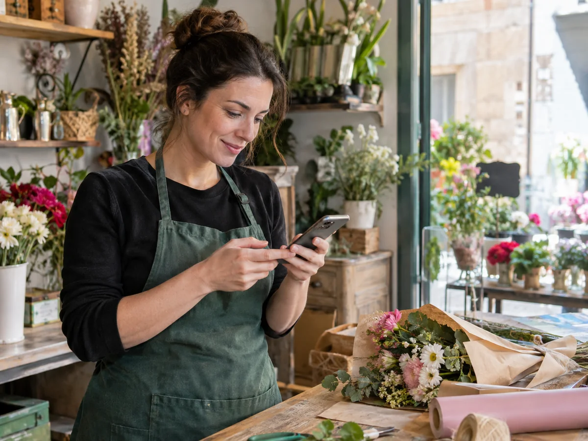 Una fioraia controlla i messaggi sullo smartphone al banco del negozio tra fiori e materiali per confezioni.