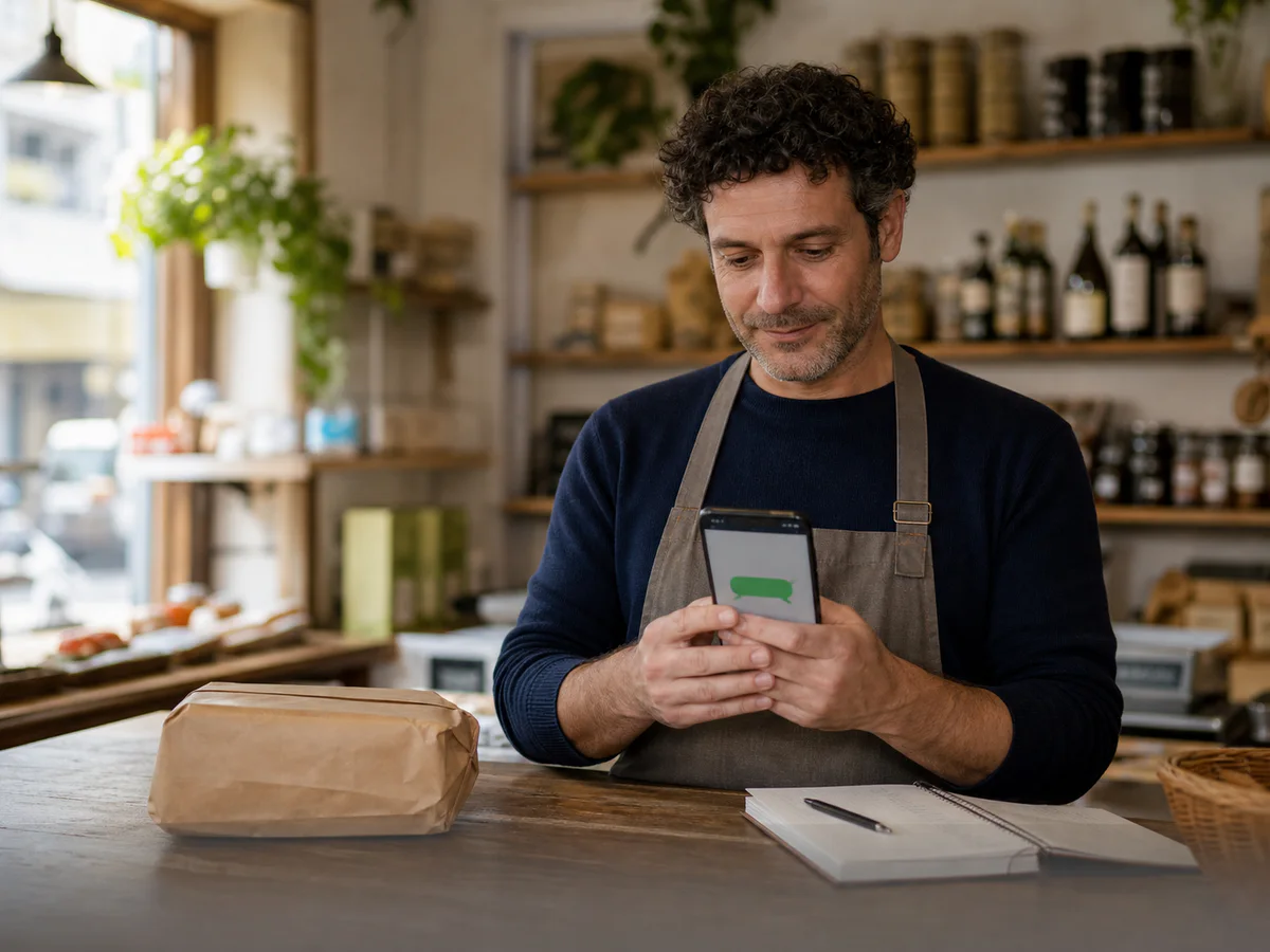Commerciante risponde a un cliente tramite smartphone