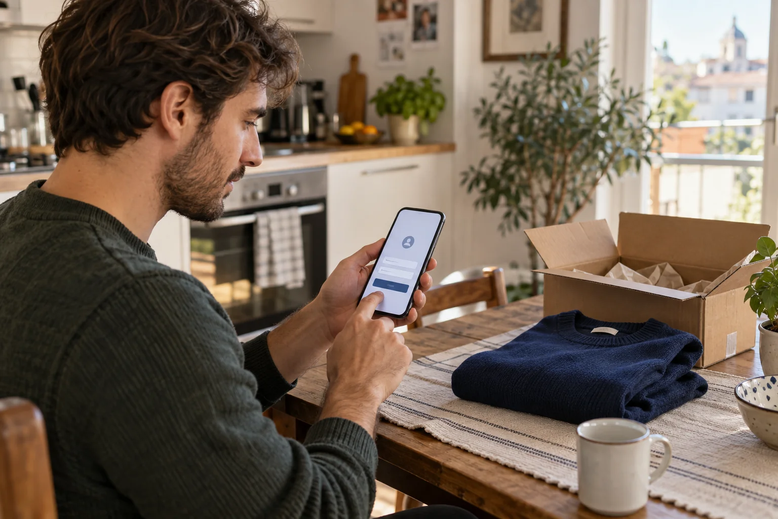 Cliente a casa che consulta l’area personale di un negozio online sullo smartphone accanto a un pacco aperto