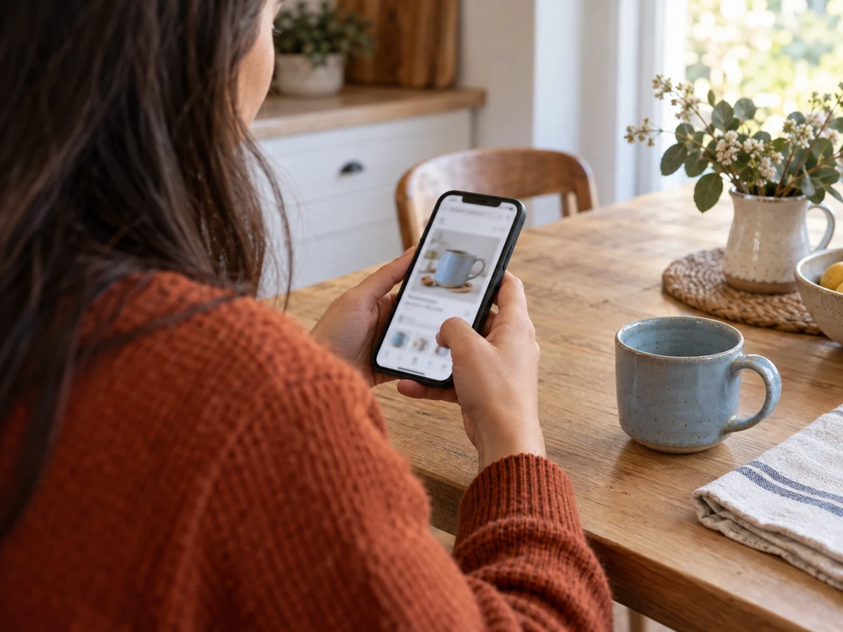 Cliente consulta un prodotto sullo smartphone, accanto a una tazza in ceramica e una confezione.