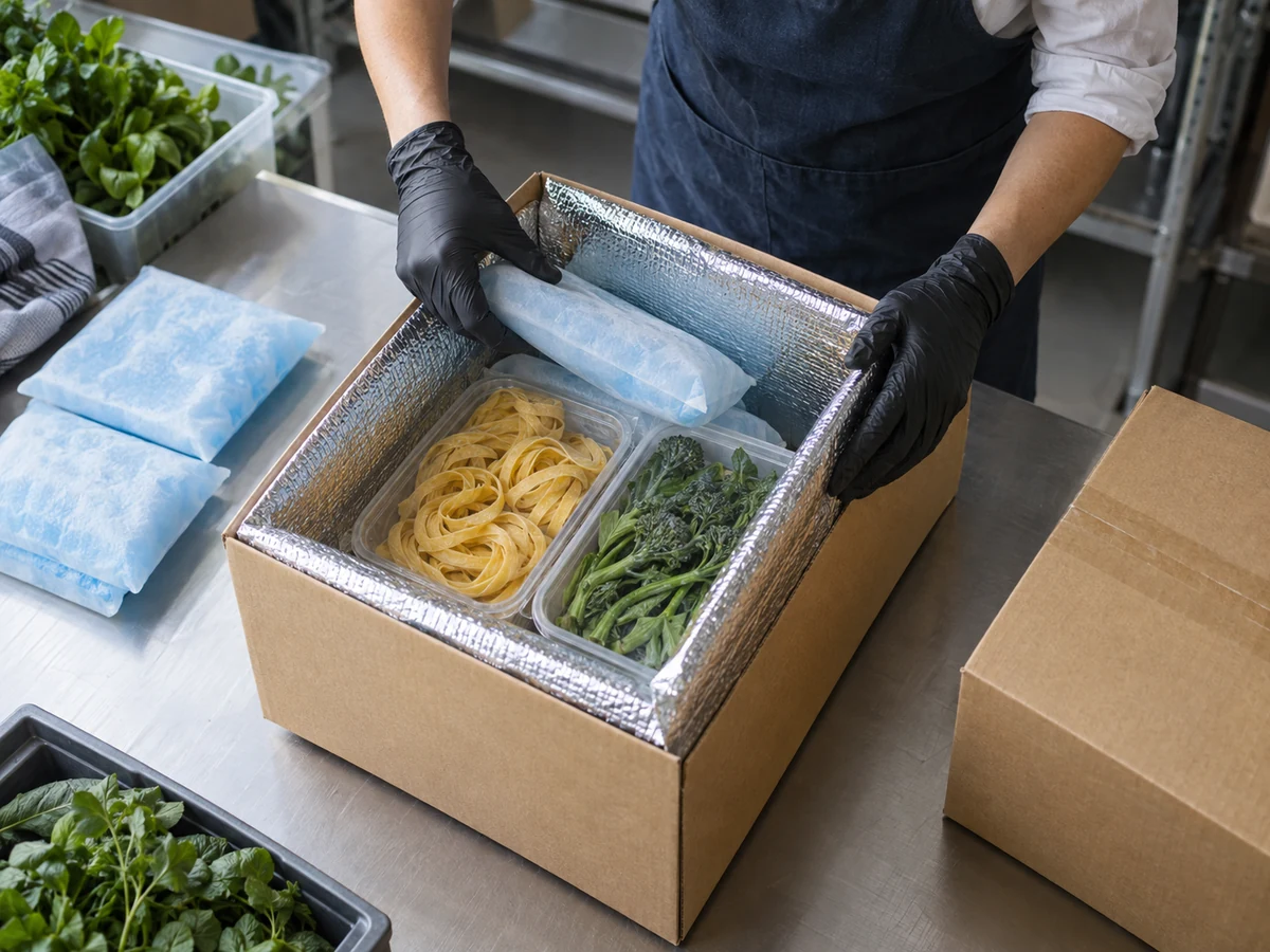 Mani con guanti preparano una scatola con rivestimento isotermico, contenitori alimentari chiusi e piastre refrigeranti su un banco