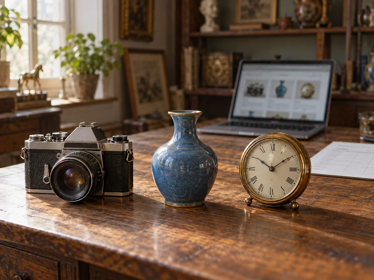 Macchina fotografica vintage, vaso in ceramica e orologio su un tavolo, con un computer portatile sullo sfondo.