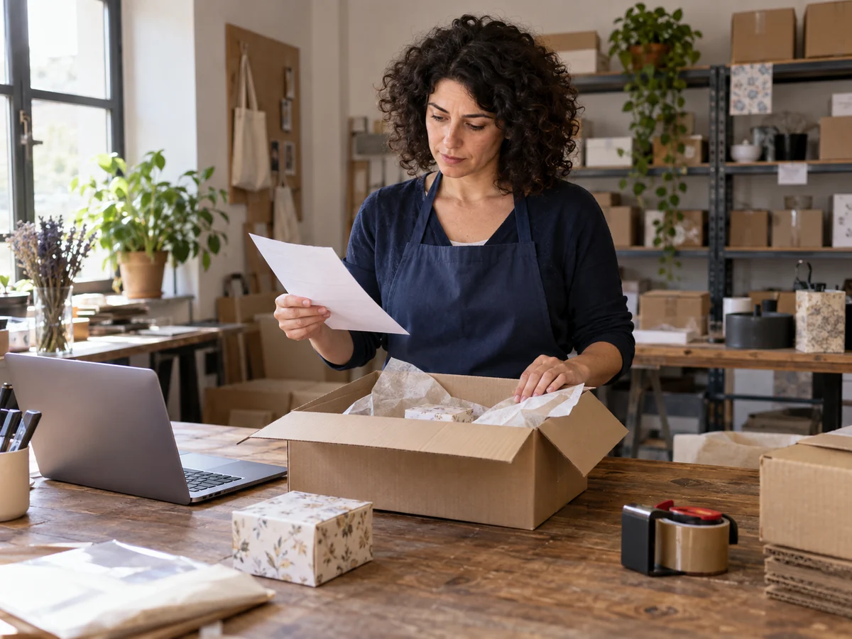 Addetta ecommerce che verifica un ordine al banco prima di chiudere un pacco