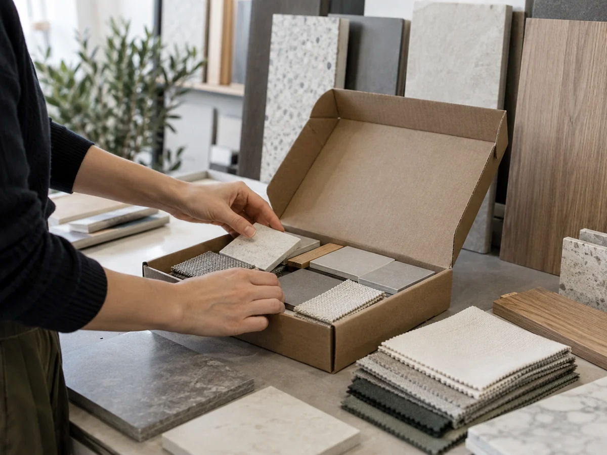 Mani che preparano una piccola scatola con campioni di ceramica e tessuto, con altri materiali disposti sul piano di lavoro