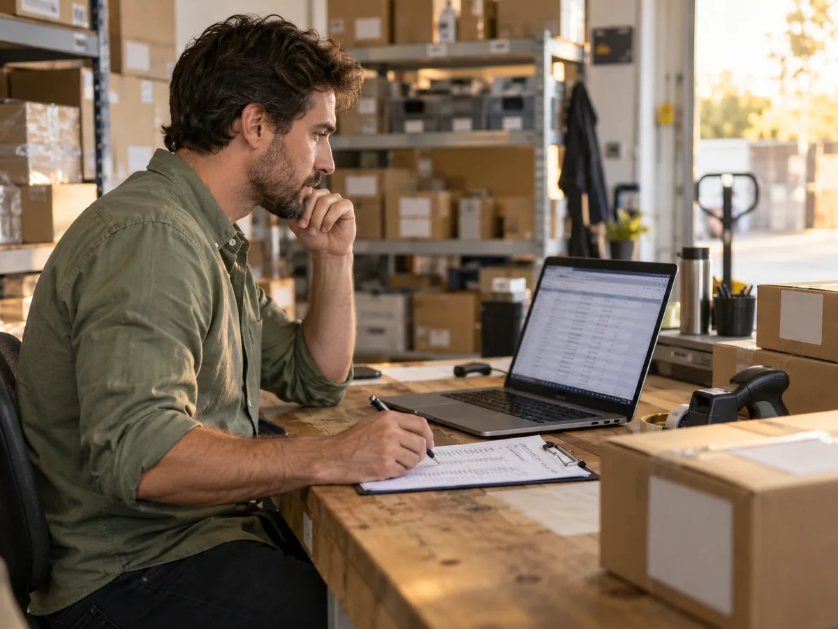 Responsabile ecommerce che controlla una griglia di ordini sul portatile accanto a documenti ordinati e pacchi pronti