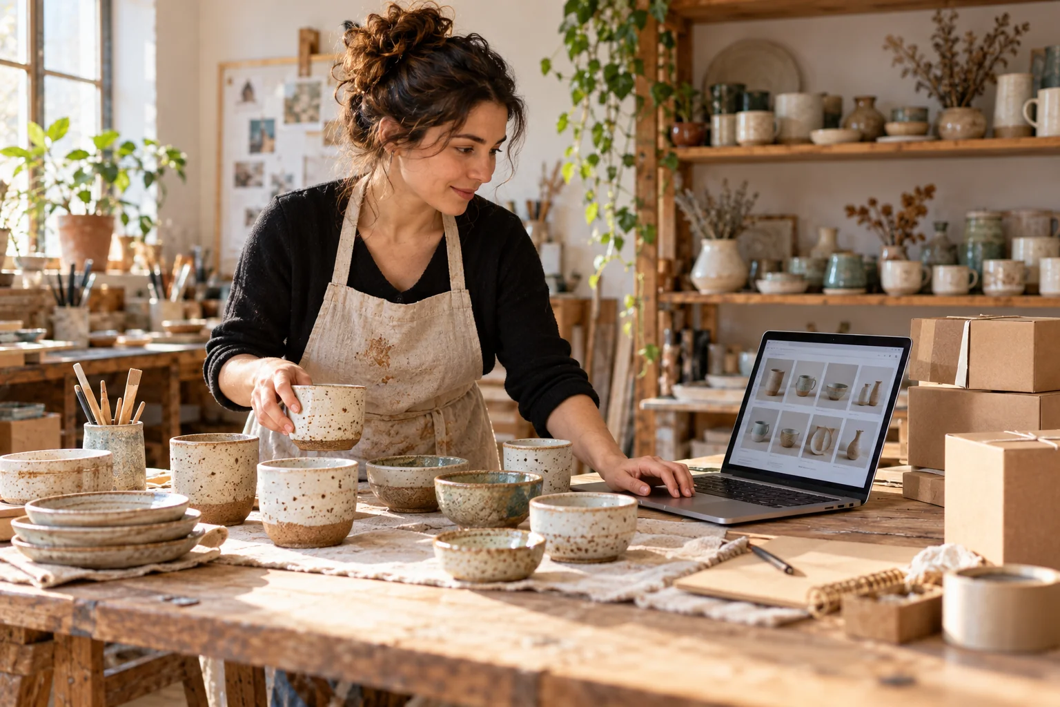 Artigiana in un laboratorio di ceramica che confronta tazze e ciotole con il catalogo sul portatile