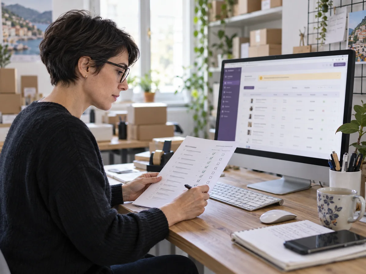 Tecnica con capelli corti verifica una lista accanto al monitor con gli ordini di un ecommerce