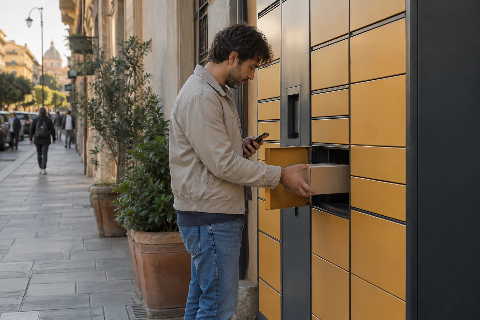 Persona che ritira un pacco da un locker in una strada cittadina
