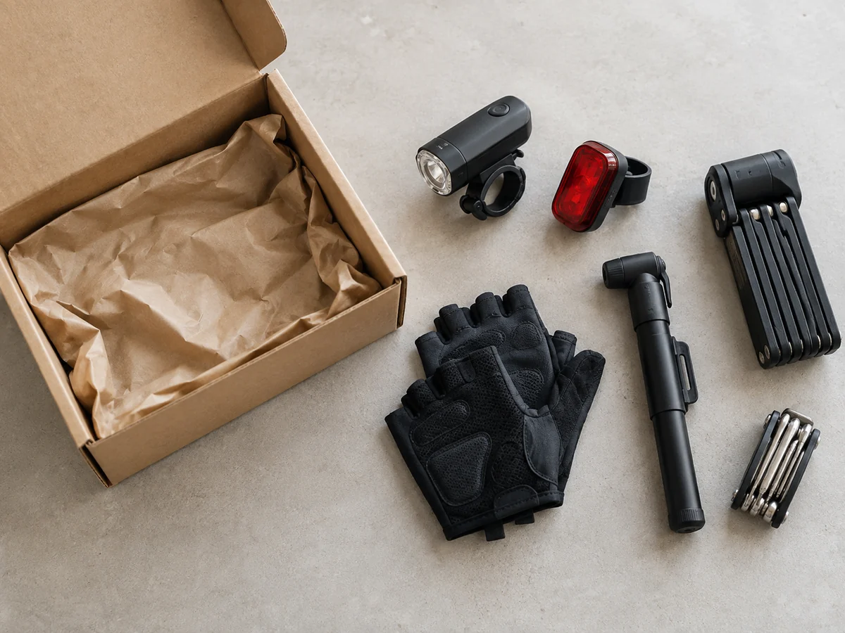 Accessori per bicicletta disposti accanto a una scatola aperta per comporre un kit