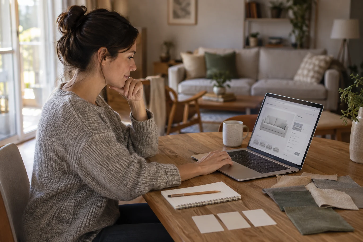 Cliente che valuta un acquisto di arredamento sul portatile a casa con un quaderno accanto