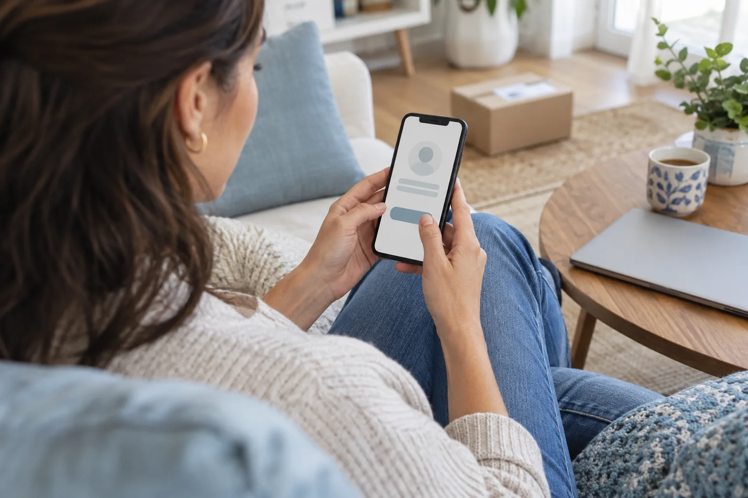 Cliente seduta in salotto che accede a un negozio online dal proprio smartphone