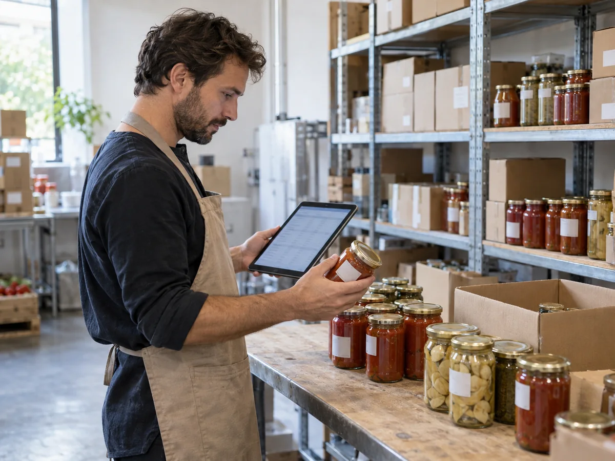 Addetto di una piccola azienda alimentare controlla un vasetto con un tablet davanti agli scaffali del magazzino