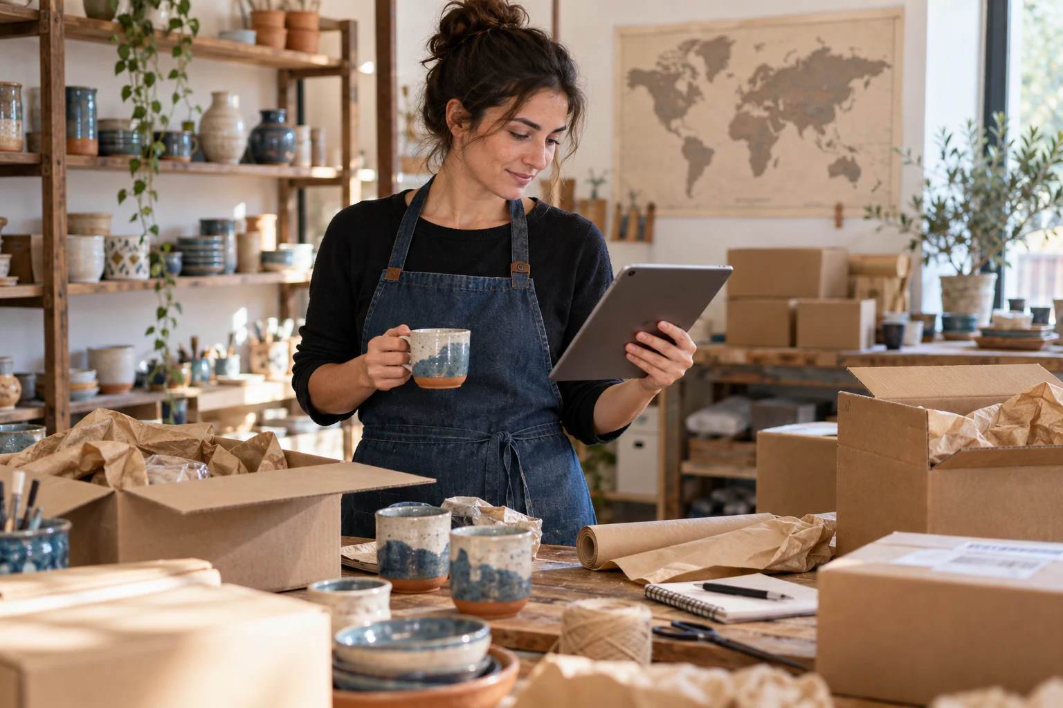 Commerciante nel laboratorio con prodotti artigianali e pacchi preparati per clienti internazionali