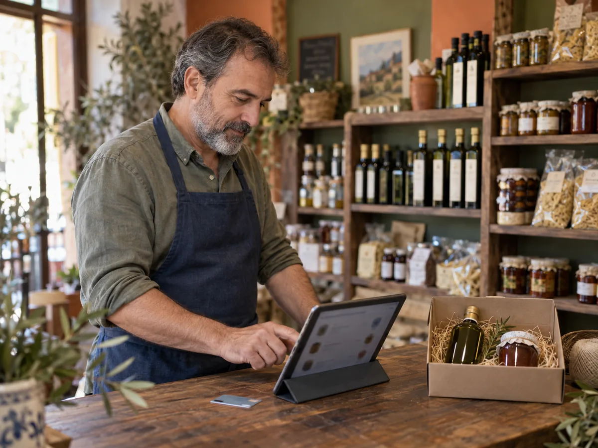 Titolare di un negozio di prodotti gastronomici che controlla un ordine online su un tablet accanto a una carta di pagamento