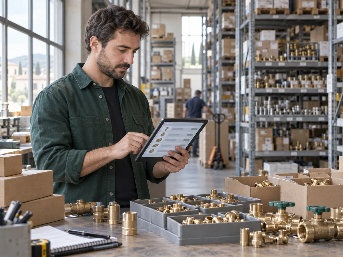 Un addetto commerciale usa un tablet in magazzino accanto a scatole ordinate e campioni di ferramenta