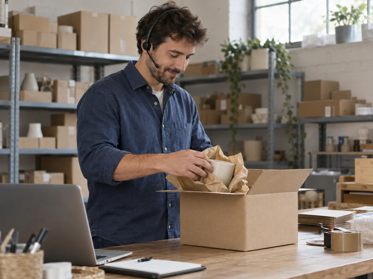 Addetto di un piccolo ecommerce con auricolare che prepara una confezione per la spedizione