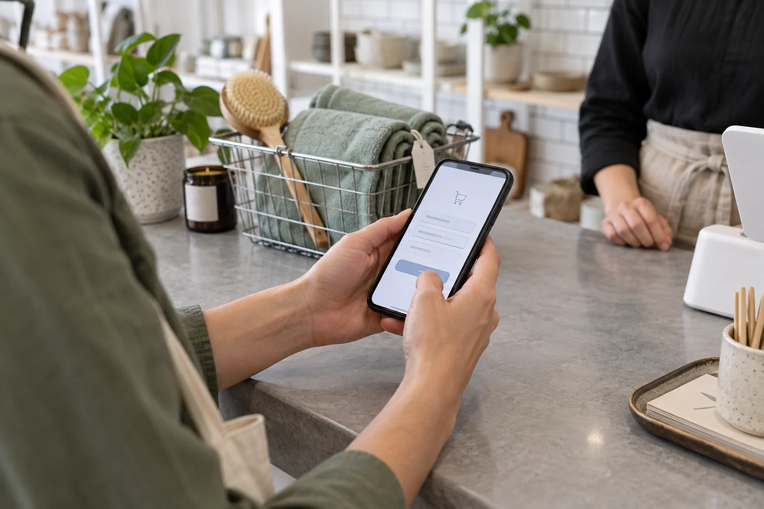 Cliente compila il checkout da smartphone al banco di un negozio di casalinghi
