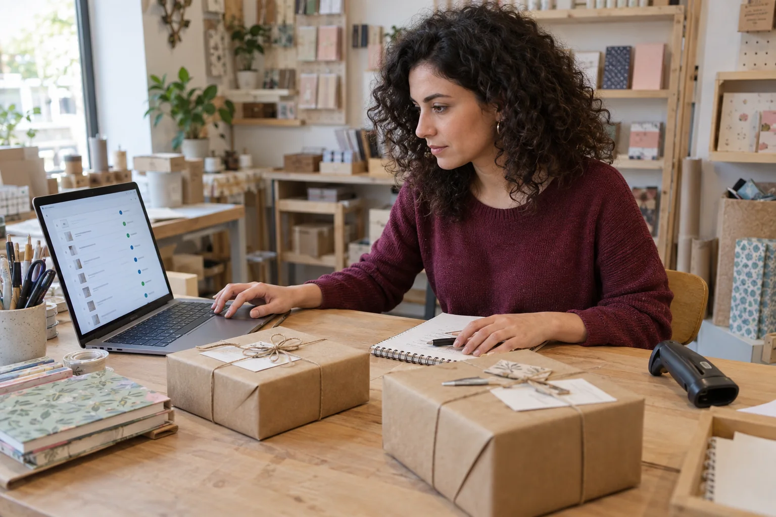 Negoziante con capelli ricci e maglia bordeaux controlla gli ordini sul laptop accanto a pacchi, quaderni e uno scanner nel negozio di cancelleria