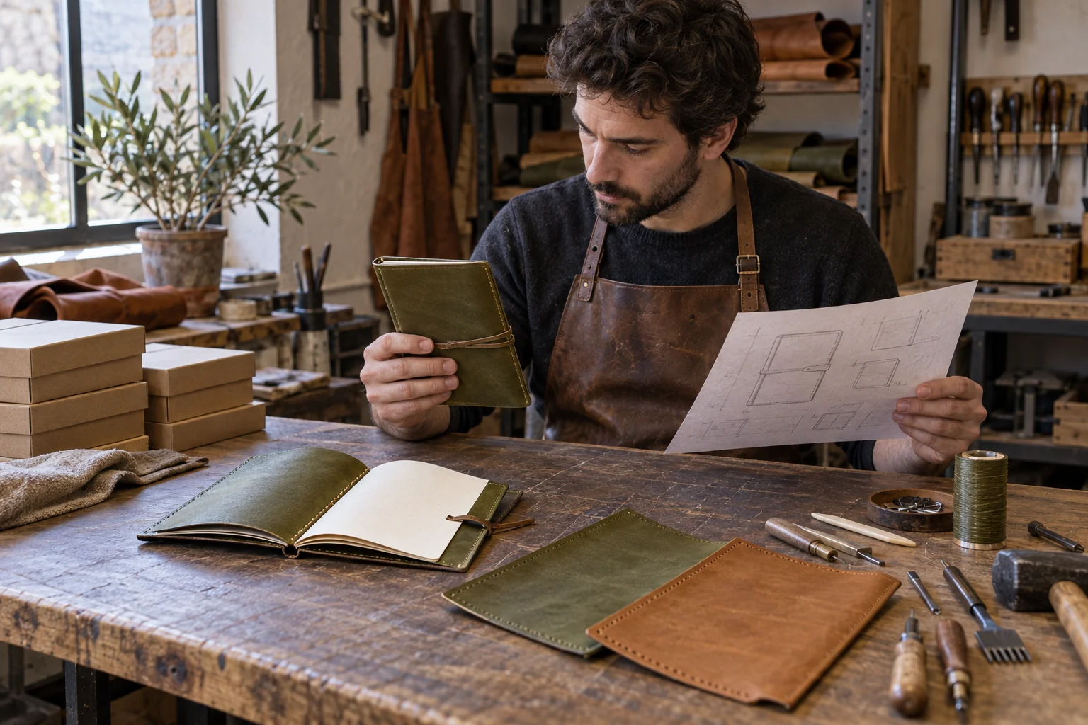 Artigiano che prepara una nuova collezione con prototipi e confezioni sul tavolo di lavoro